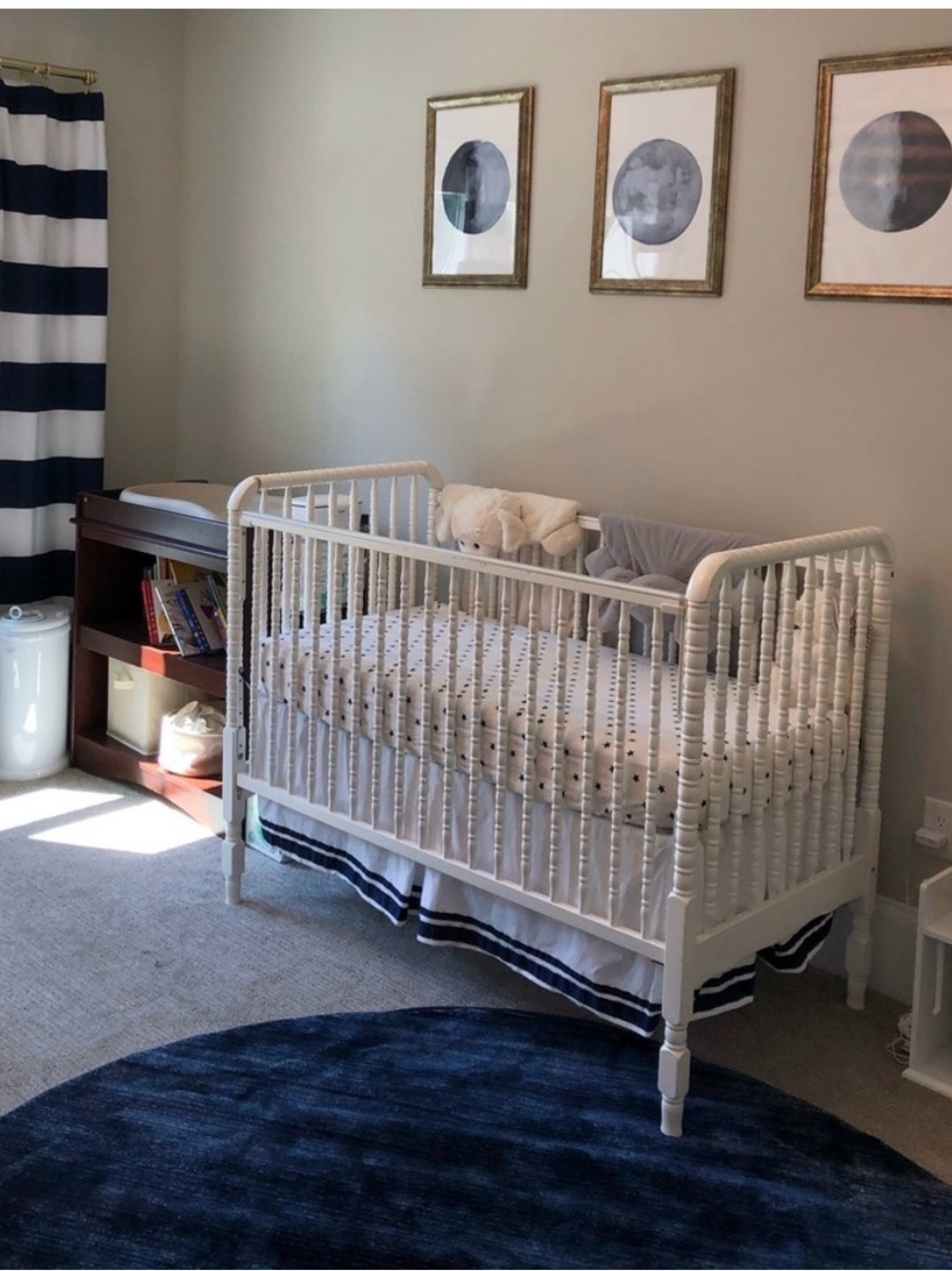 Pottery Barn Kids Crib Skirt White Organic Cotton with Navy Blue ribbon Trim